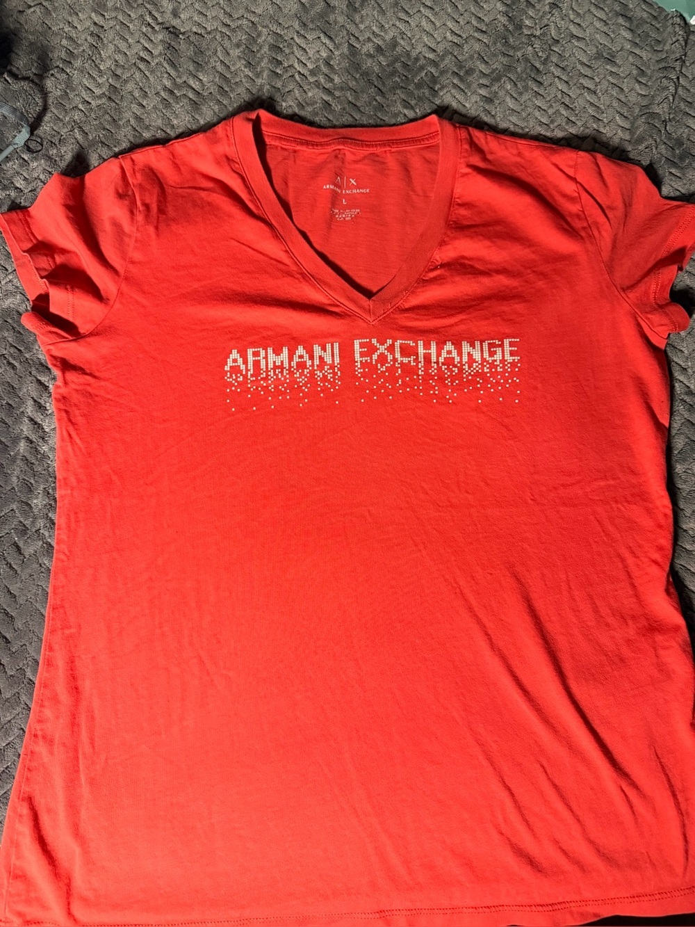Armani Exchange Coral-Red V-Neck Logo Tee